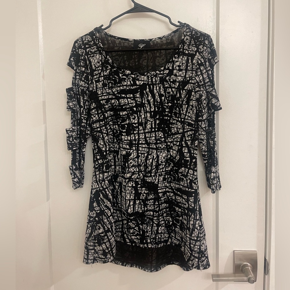 Vintage Y2K Grunge Black & White Abstract Print Cold-Shoulder Women's Dress